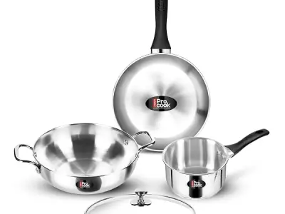 Milton Pro Cook 3-Layer Thick Triply Bottom I Induction Cookware & Gas Stove Friendly Stainless Steel 4 Pc Kitchen Set | Kadhai with Lid | Cooking Pan | Sauce Pan | 2Y Warranty
