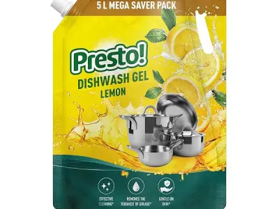 Amazon Brand - Presto! Dishwash Gel | Lemon | 5 L Refill Value Pack | Dishwash Liquid | Cuts Through Grease | Safe On Hands