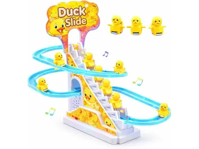 TEC TAVAKKAL Duck Slide Toy Set, Funny Automatic Stair-Climbing Ducklings Cartoon Race Track Se