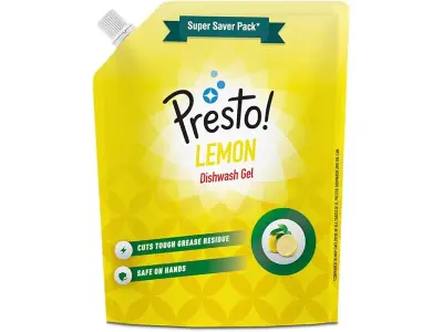Amazon Brand - Presto! Dishwash Gel Refill Pouch | Lemon | 2 Litre | Leaves No Residue And Foul