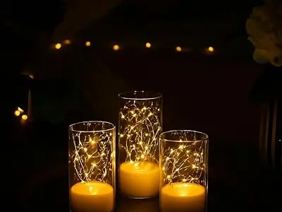 Bispy LED Flameless Candles Set of 3 with Warm Fairy Lights in Glass Cylinders | Battery Operated Flickering LED Candles | Decorative Lights for Bedroom, Living Room, Wedding, Part