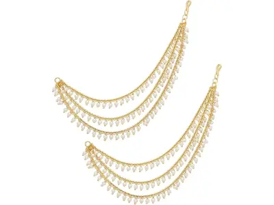 MEENAZ Brass copper Gold kanchain 3 layer long bridal wedding ear kan chain Champaswaralu earch