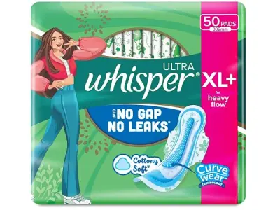Whisper Ultra Upto No Gap No Leaks* Sanitary Pads, 50 XL+ Pads, For Heavy Flow Protection, With CURVEWEAR Technology, Cotton Like Softness, Disposable Wrapper, Locks Odour & Wetnes