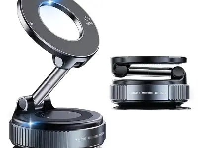 bokilino 360° Rotatable Magnetic Phone Holder with Vacuum Suction, Foldable Dashboard Mobile Stand for Car, Desk & Wall, Reusable Strong Suction Mount Compatible with iPhone & All
