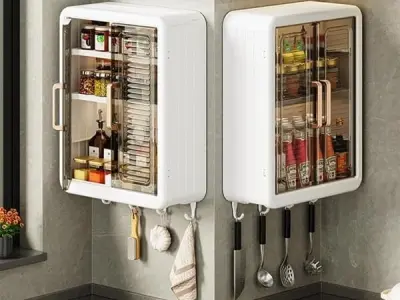 Bathroom Organiser Without Drill Plastic Wall Mounted Storage Cabinet for Kitchen and Bathroom Organizer with Magic Stickers Adjustable Shelves & Door| Organiser for, Essentials, M