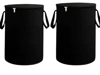 JoyeCrafts Set of 2 Laundry Baskets with Zipper Lid & Handles Black, Foldable Laundry Hamper for Clothes Storage, Large Collapsible Laundry Bags for Bedroom Bathroom Dorm, Freestan