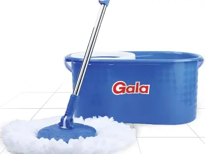 Gala Aqua Spin Mop with Bucket & 2 Microfiber Refills | Hands-Free Floor Cleaning Mop with 4 Wheels, Big Bucket, Easy Wring System & Adjustable Stainless Steel Handle (White & Blue