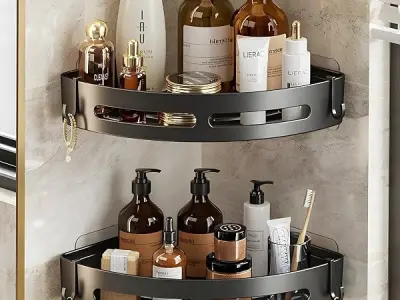 SquareUp Self-Adhesive Wall-Mount ABS Plastic Bathroom Corner Shelf Rack Organizer Without Drill Storage Shelves Holder/Accessories (Black, Pack of 2)