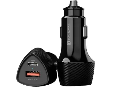Portronics 51W Car Power 16 Fast Car Charger with Dual Output, 51 Watts Total (18W USB + 33W Type C PD), Fast Charging, Adapter for iPhone & Android Smartphones and Tablets (Black)