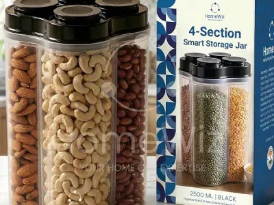 HomeWiz Airtight 4 Section Kitchen Storage Box 2500ml | Food Grade BPA-Free Kitchen Jars | Storage & Containers Set | Masala Container Set |Unbreakable Plastic Container Set|For Sp