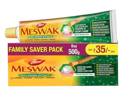 Dabur Meswak Complete Oral Care Toothpaste - 500g (2 x 200g + 1 x100g) | Complete Oral & Gum Care Toothpaste | Contains Pure & Rare Miswak extract | No added Fluoride, Paraben, Tri