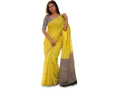 Linen Cotton Saree with Black Mirror Work | New