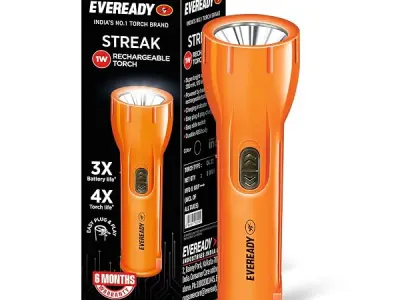 EVEREADY Streak DL22, Rechargeable 1W Emergency Torch, Plug & Play Charging | Overcharge & Deep Discharge Protection, Powered by Li-Ion Battery