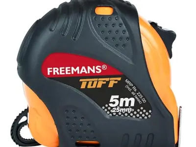 FREEMANS TUFF 5m:25mm Steel Inchi Measuring Tape - 5m with a Non Slip Rubber Covered ABS case || Double Side Printing || Click Action Front Lock and Belt Clip