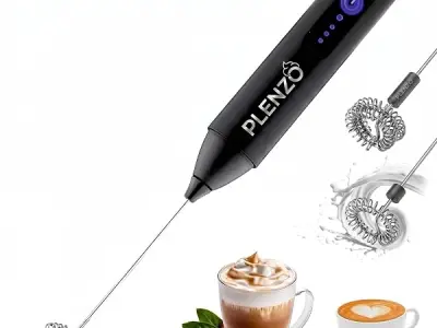 plenzo Coffee Frother Electric with 3 Speed Modes, USB Rechargeable Stainless Steel Whisk for Coffee, Cappuccino and Matcha, Single Whisk Design